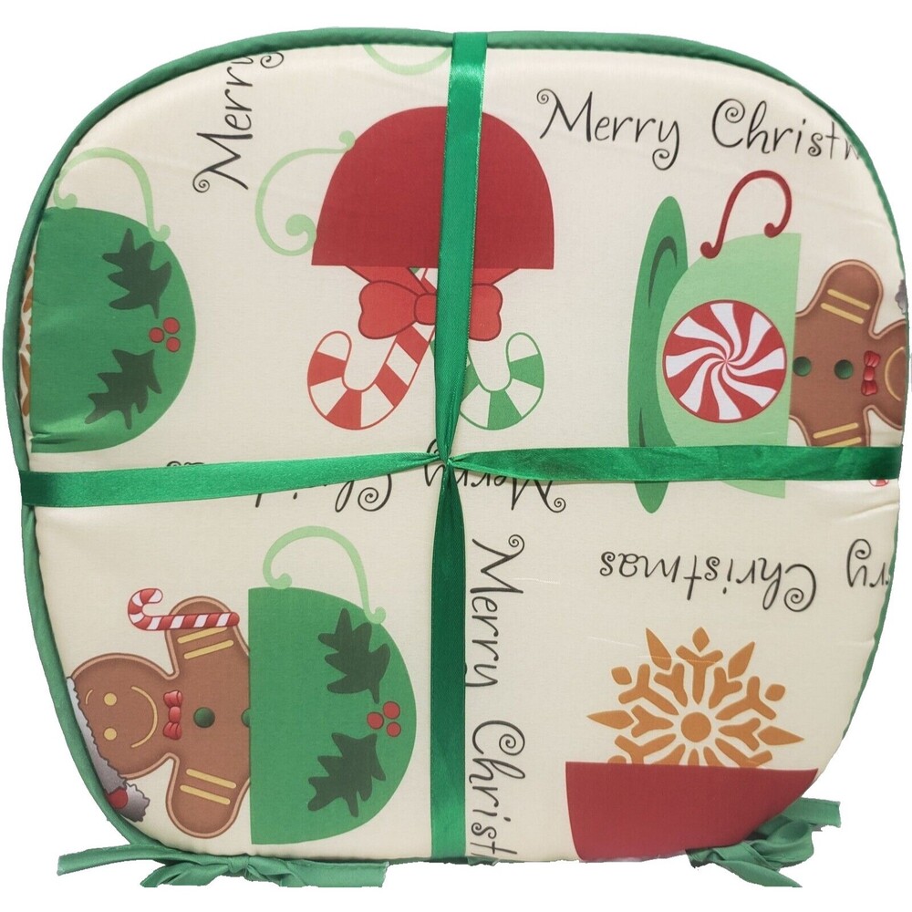 SET OF 4 CHAIR CUSHION PADS w/ties,15x15",MERRY CHRISTMAS THEME# 2, off white,BH